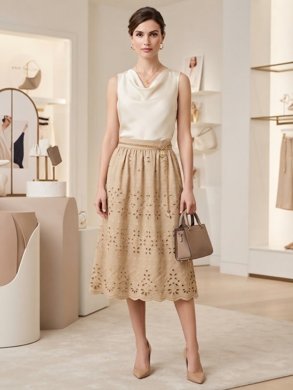 NWT'S ANN TAYLOR Petite Beige Eyelet Midi Skirt Size 10